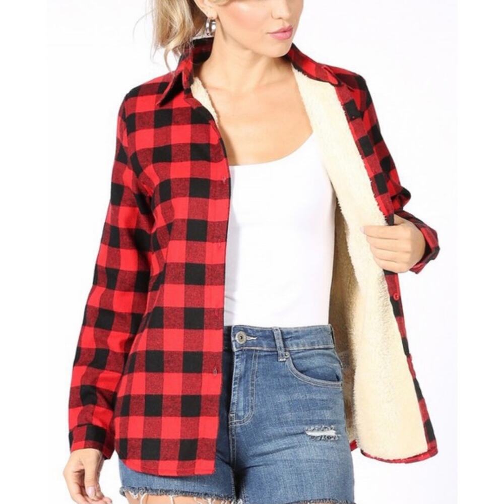 Classic Flannel Sherpa Lined Shirt Red Black Plaid Fur Lined